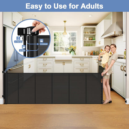 Reinforced 90 Inch Retractable Baby Gates Extra Wide Baby Gate with Reinforced Strips, 7.5ft Long Retractable Dog Gate for The House 33 Inch Tall Extra Long Pet Gates for Wide Openings, Black