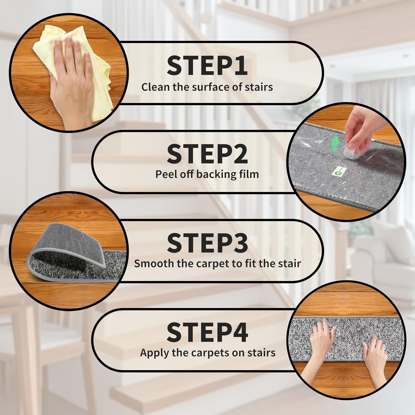 Non-Slip Stair Treads for Wooden Steps 15pcs,8"x30" Stair Carpet Treads for Indoor Use,Peel and Stick Stair Runners,Washable Reusable Adhesive Backing,Pet-Friendly Stair Capet for Kids,Elders,Dogs