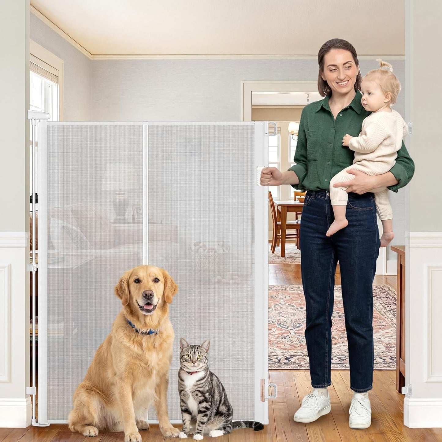 Reinforced 52" Extra Tall Dog Gate for Doorway, Jump-Resistant & Prevent Crawling Underneath Retractable Dog Gates Indoor, 0-55" W Retractable Baby Gate for Doorway, Safety Extra Tall Cat Gate, White
