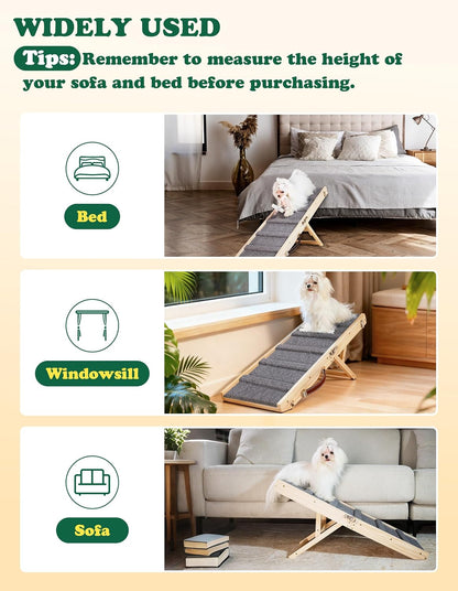 Dog Ramp Dog Stairs for Small Dogs Foldable Dog Ramp with 4 Adjustable Heights from 7.48'' to 15.35" Wood Stairs with Non Slip Carpet Portable Pet Ramp for Couch, Sofa, Low Bed (Natural Wood)
