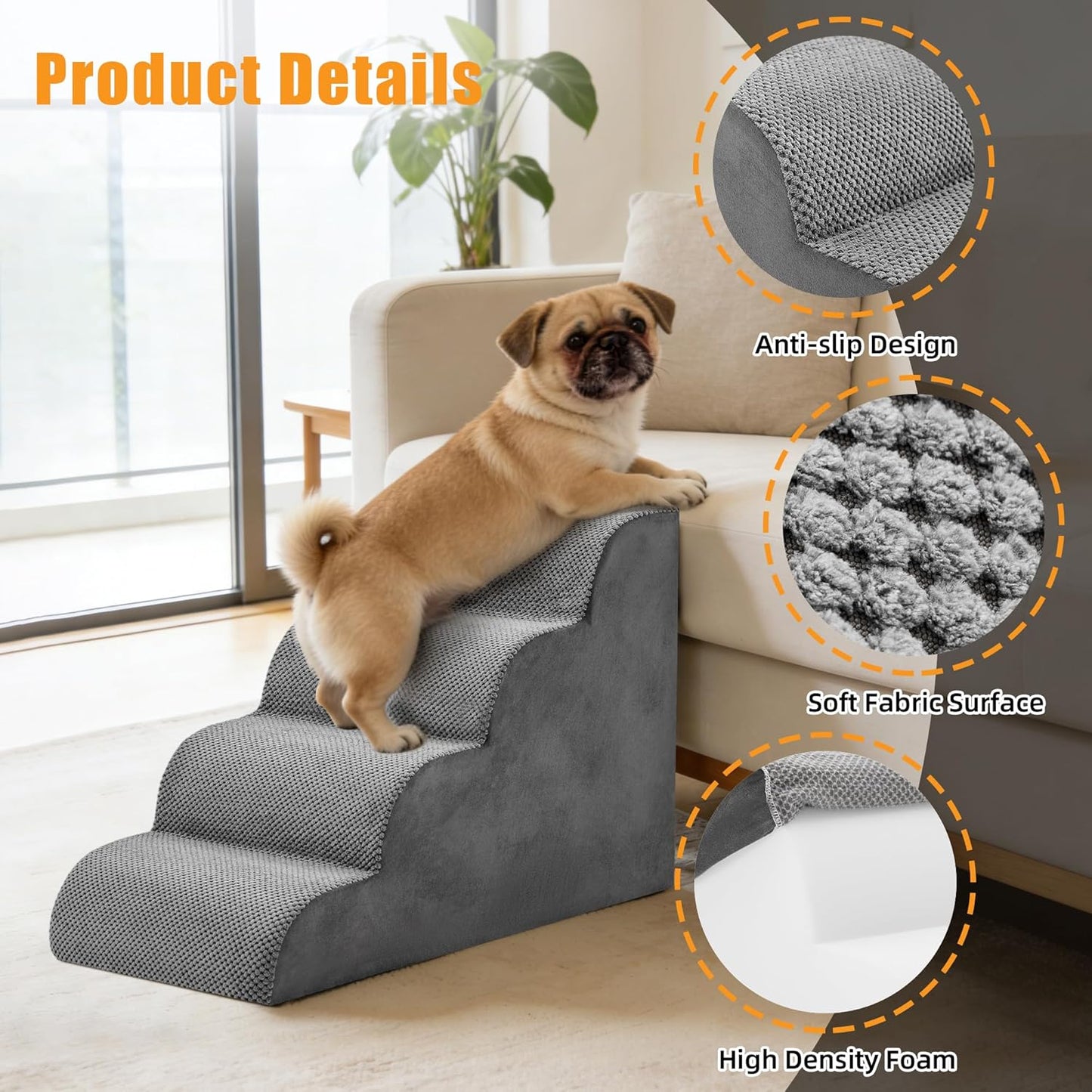 NEWBULIG 3-Step Dog Stairs, 15.7" H Dog Steps for Sofa and Chair, Non-Slip Sturdy Pet Steps for Small Dogs and Cats, Pet Ramp for High Bed Indoor(Grey)