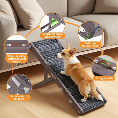 Pawaboo Foldable Dog Ramp, Small Dog Ramp for Couch, 4 Adjustable Height from 13'' to 21", Stable Pet Steps with Non-Slip Pad, Portable Pet Ramps Use for Couch Sofa Stairs, Wood