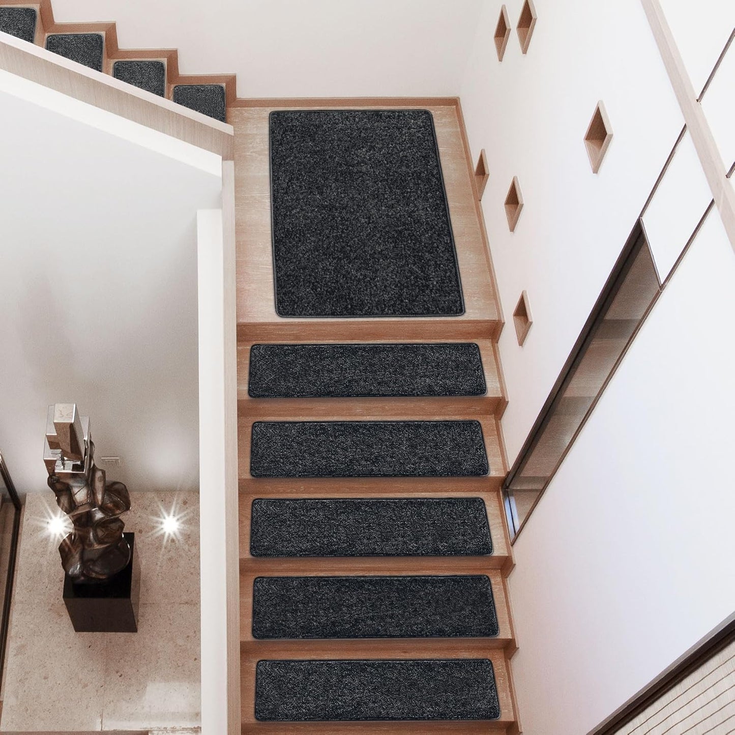 PURE ERA Bullnose Carpet Stair Treads Set Tape Free Non-Slip Indoor Stair Protectors Pet Friendly Rugs Covers Soft Skid Resistant Washable Reusable 9.5" x 30"(14 Pieces,Cream Gray)