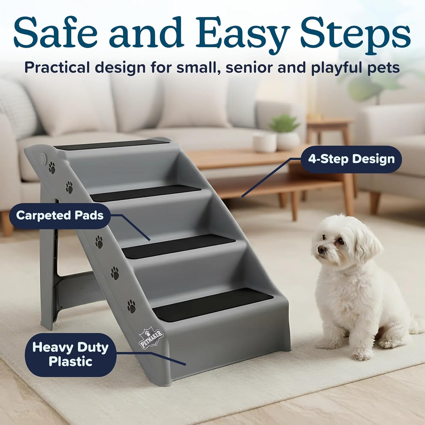 Pet Stairs - Home and Vehicle Foldable Nonslip Dog Steps with 4-Step Design - For Puppies, Kittens, and Other Small Pets by PETMAKER (Tan)