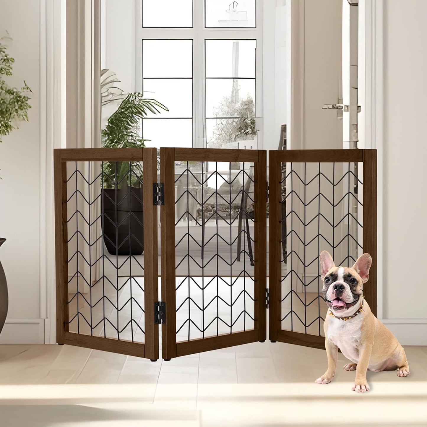 Freestanding Dog Gate - 3-Panel Foldable Indoor Pet Fence - 55x24-Inch Sturdy Metal and Wood Dog Gate - Pet Barrier for Stairs, Hallways, Doorways, or Small Openings by PETMAKER (White)