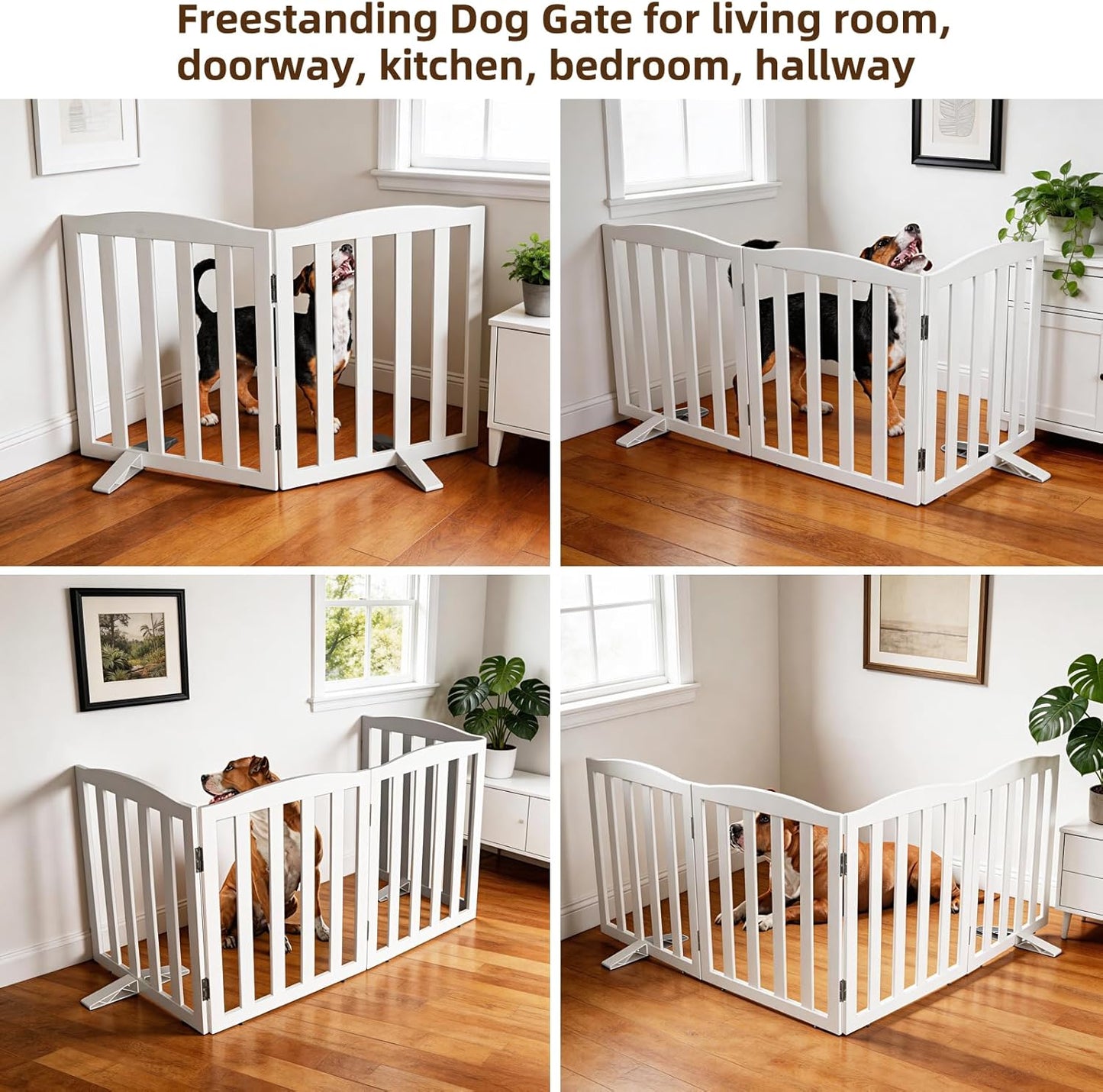 ZJSF Foldable Freestanding Indoor Dog Gate for House Wood White Long Pet Gates Dog Fence for Stairs Puppy Gates for Hallways,Pet Fence, Puppy Gate,Support Feet Included 24 "Height-3 Panels