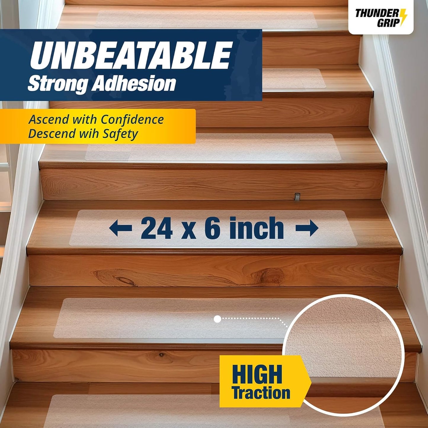 Clear Stair Treads Non-Slip 24"x4" - 18-Pack Indoor Stair Grips Non Slip for Wooden Steps - Anti Slip Adhesive Strips for Dogs & Elderly - Staircase Step Treads - Transparent Treads for Wood Stairs