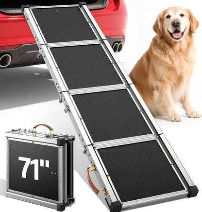 71" Aluminum Alloy Dog Ramp for Car SUV Truck Side Door, Foldable Outdoor Pet Ramp with Adjustable Support Head, Non-Slip Traction Surface, Sturdy Ramp for Large Dogs Up to 200 LBS (5 Folded)