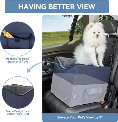 A 4 Pet Dog Car Seats for Small Dogs Under 25lbs – Safety Travel Booster Seat with Patent Buckles, Adjustable Leash – Reduces Anxiety & Road Trips – Frame Support for Cars, SUV, Pickup