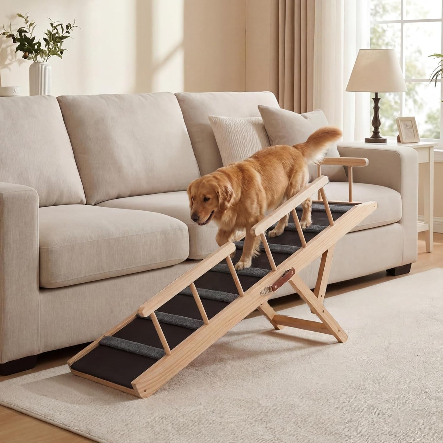 Dog Ramp for Bed, 43.5" Long Wooden Foldable Dog Ramp, 6 Adjustable Heights from 14" to 26" with Anti-Slip Traction Mat, Portable Pet Ramp for Car, Bed, Couch, Max 200lbs - 43.5inch