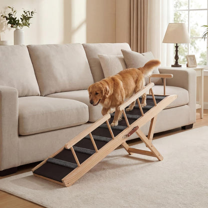 Dog Ramp for Bed, for Couch, 47.24" Long Wooden Pet Ramp for Small & Large Dogs to Get on Bed Couch Car Up to 200LBS, 4 Adjustable Heights (13.7"-24.6"), Foldable Dog Bed Ramp with Anti-Slip Surface
