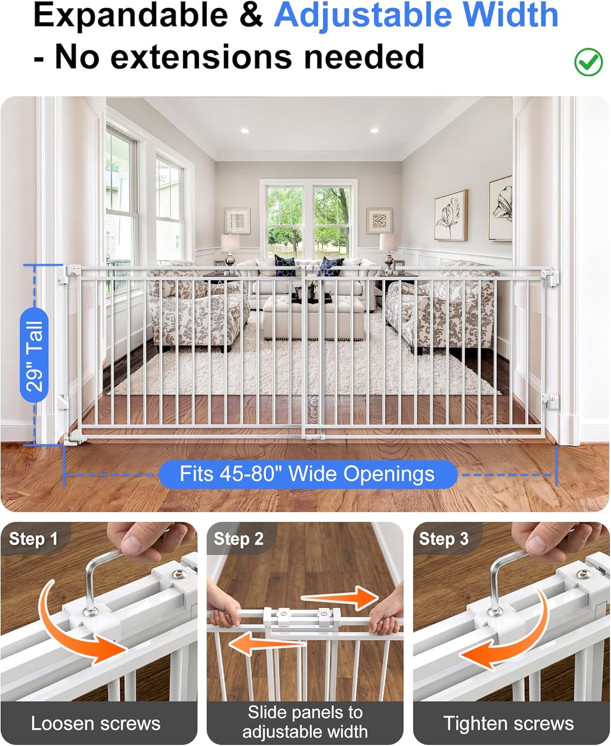 Betertek 45-80" Extra Wide Baby Gate for Large Openings-No Bottom Bar&Extra Wide Walk Thru Door, Chew&Impact Resistant Metal Heavy Duty Dog Gate, Hardware Mount Safety Indoor Extra Long Pet Gate