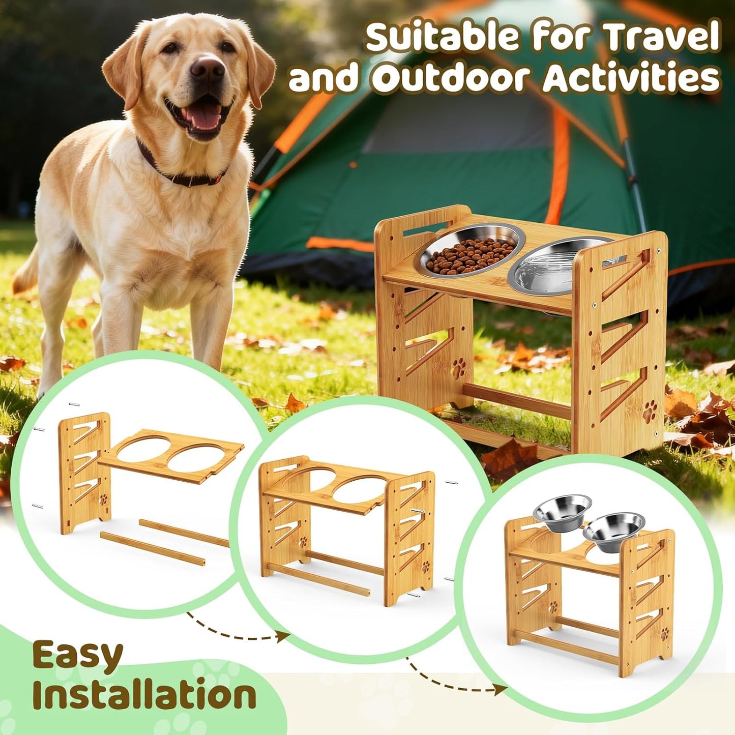 Elevated Dog Bowls, Adjustable Raised Dog Bowl Stand for Medium and Small Dog, 11" High Bamboo Pet Food Feeder with 2 Stainless Steel Dishes（4 Heights）