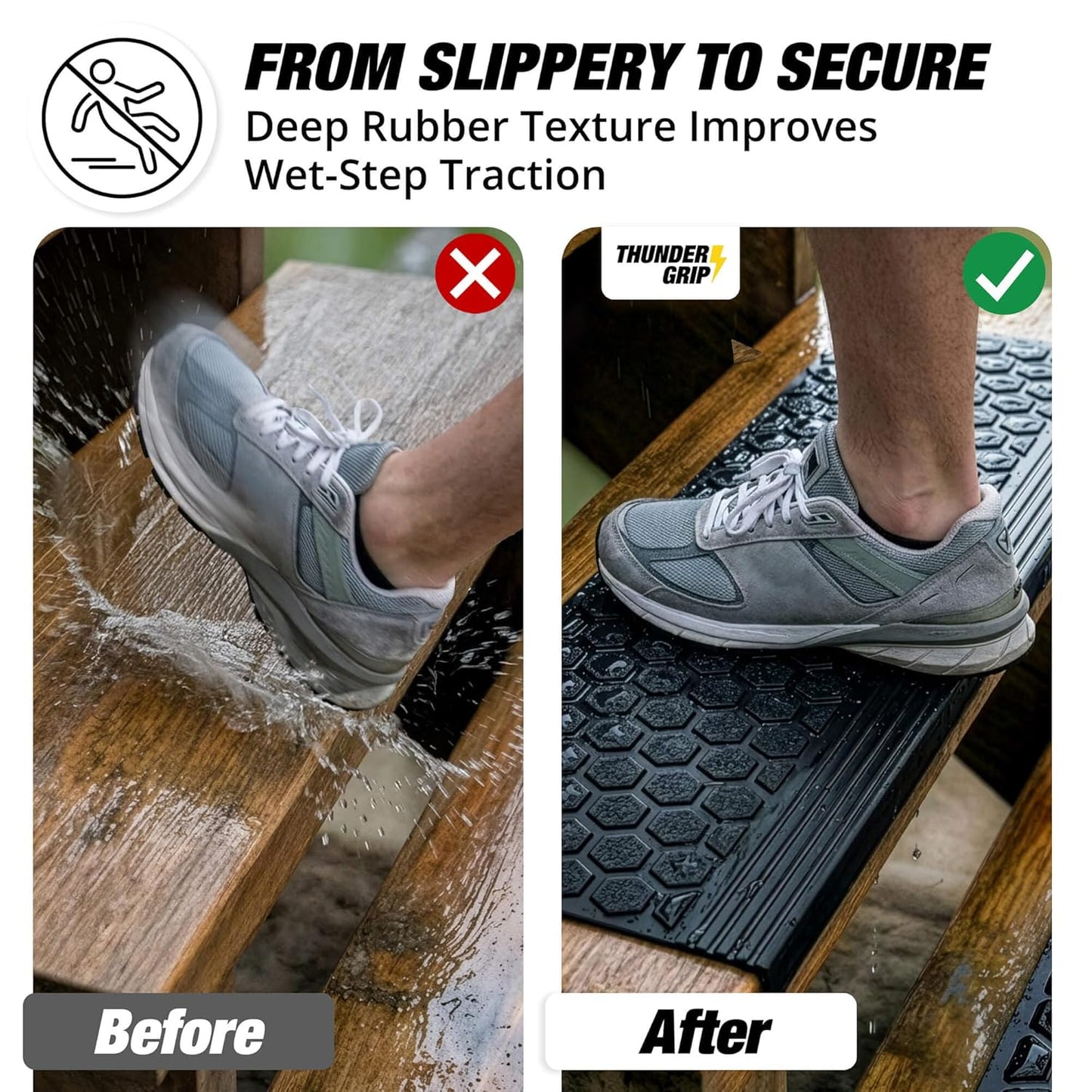 Rubber Stair Treads Outdoor 48"x10" 4-Pack - Heavy-Duty Outdoor Stair Treads Non-Slip Weather Resistant - Exterior Rubber Mats for Wooden Steps - Anti Slip Step Covers by Thunder Grip