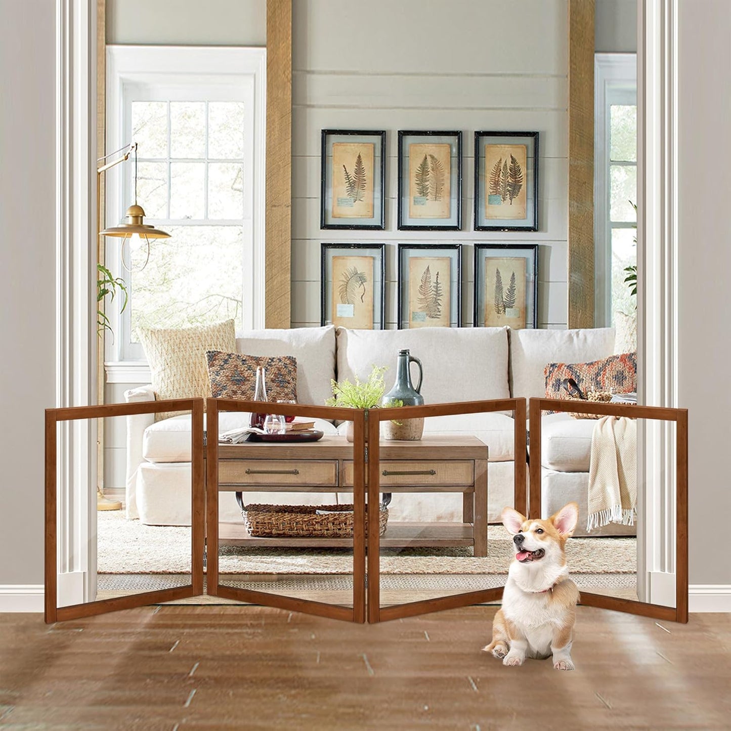 LZRS Clear Dog Gate for Indoor Use - Transparent Pet Fence with Solid Hardwood and Plastic Board, Stylish & Durable freestanding Pet Gate for Doorways, Stairs and Hallways-2 Panel Cherry