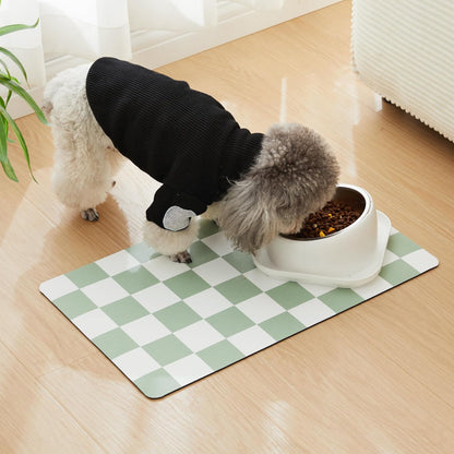 Checkered Dog Feeding Mat, Absorbent Mats for Dog Food and Water Bowl, Dispenser, Retro Aesthetic Khaki Beige Checkerboard Pet Placemat for Dogs, Cats, Puppy Accessories, 12" X 19”