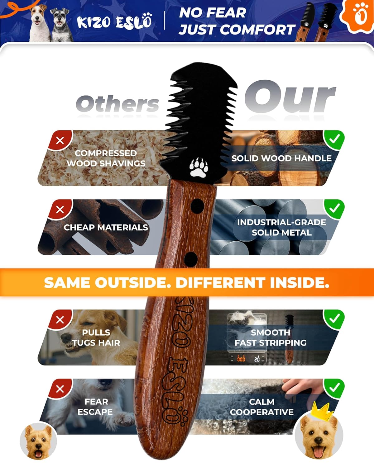 KIZO ESLO Dog Dematting Brush & Undercoat Rake for Doodles, Poodles & Long-Haired Pets, Detangling Comb for Thick Curly Coats, Removes Mats, Knots & Tangles, Stainless Steel Teeth with Wooden Handle