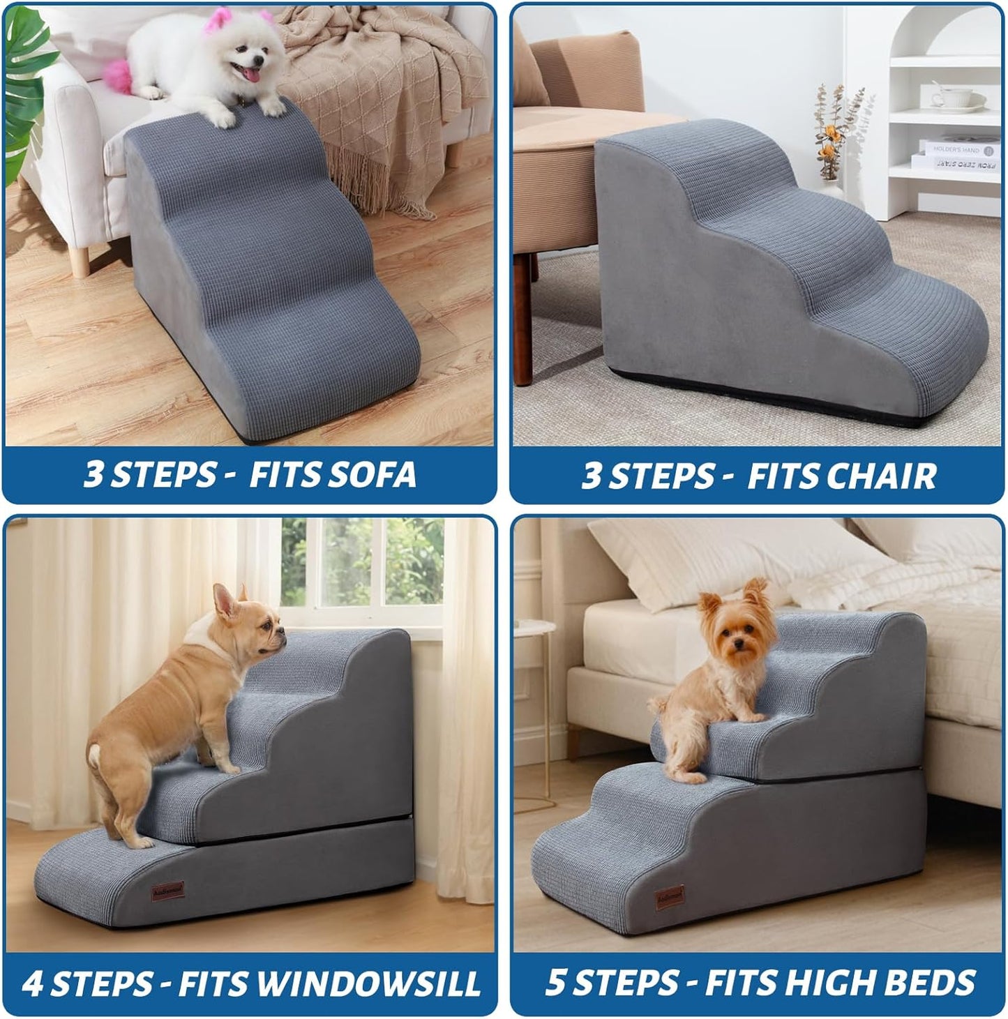 Aodisman 3-Step Dog Ramp and Stairs for Sofa and Chair - Non-Slip Sturdy Pet Steps for Small Dogs and Cats,15.7" H,Grey