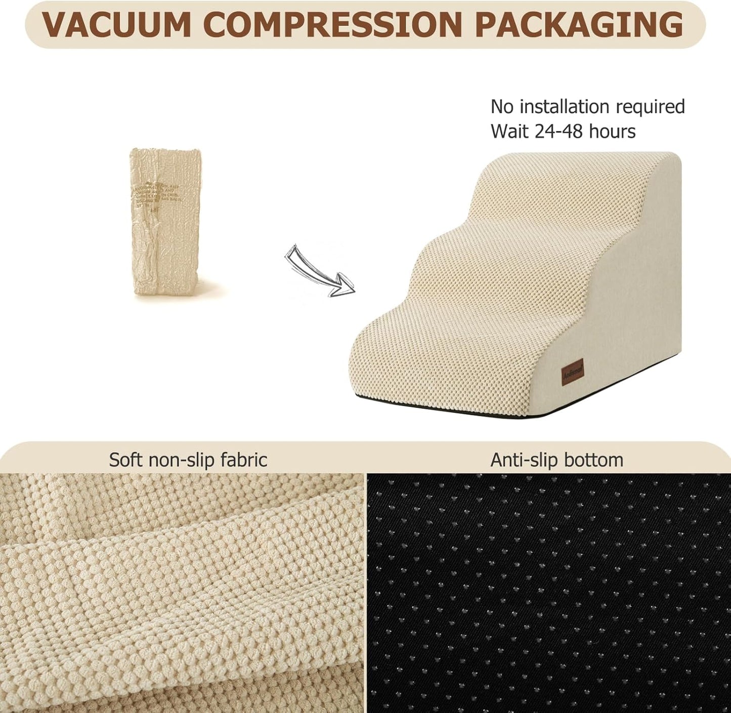 Aodisman Dog Ramp and Stairs for Small Dogs & Cats,3-Step Pet Stairs for Couch Sofa and Chair,Indoor Anti-Slip Dog Stairs for Old Cats and Puppy,Beige
