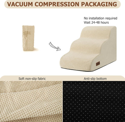 Aodisman Dog Ramp and Stairs for Small Dogs & Cats,3-Step Pet Stairs for Couch Sofa and Chair,Indoor Anti-Slip Dog Stairs for Old Cats and Puppy,Beige