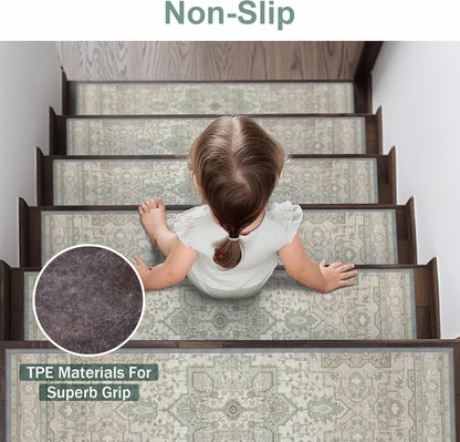 sarben Non Slip Stair Treads for Wooden Steps 15PCS - 8"x30" Indoor Safety Carpet, Edging Mats with TPE Adhesive Backing, Pet and Elderly Friendly Stair Rugs (Taupe) - Colors B
