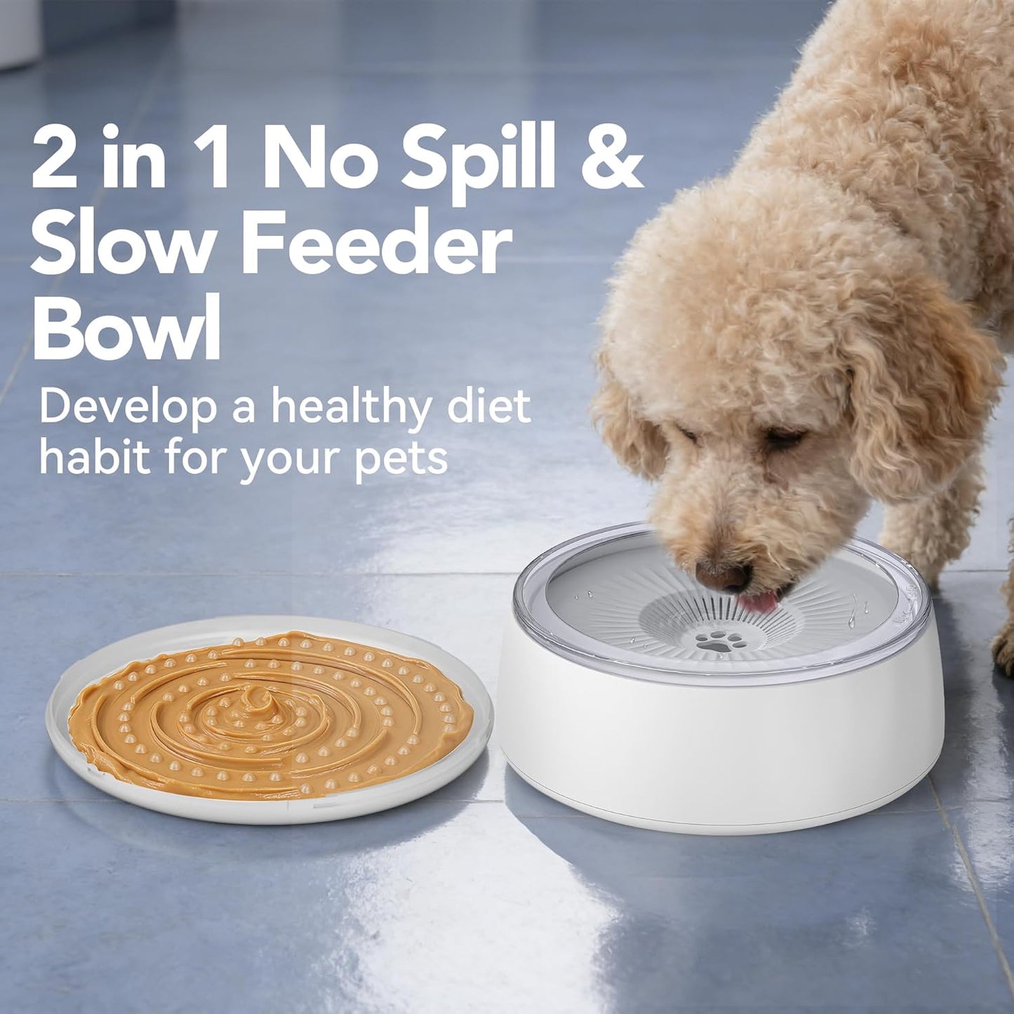 Newget 3L No Spill Dog Water Bowl (101oz) – Slow Drinking Pet Bowl with Replaceable Filter & Slow Feeder Mat, Splash Proof Travel Bowl for Large Dogs Cats, Car & Home Use – Grey