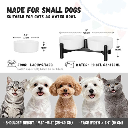 Raised Ceramic Dog Bowl Set - Elevated Double Dishes with Stainless Steel Stand - Food and Water Bowls for Small to Medium Dogs - Each Holds 3.5 Cups (29.57 fl oz) - White