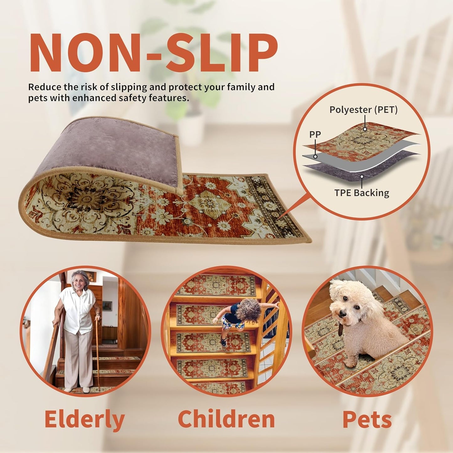 Non-Slip Stair Treads for Wooden Steps 15pcs,8"x30" Stair Carpet Treads for Indoor Use,Peel and Stick Stair Runners,Washable Reusable Adhesive Backing,Pet-Friendly Stair Capet for Kids,Elders,Dogs
