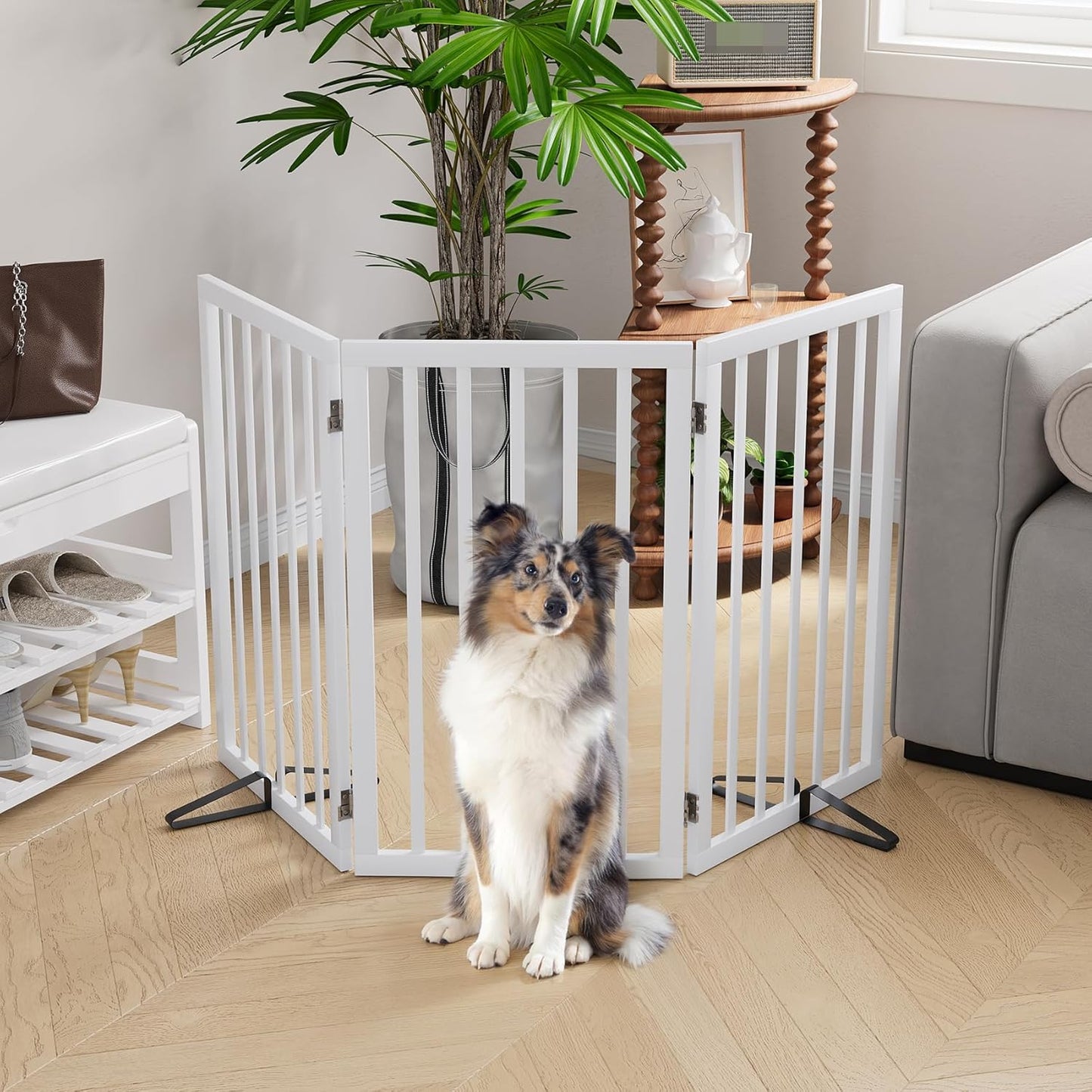 Freestanding Dog Gates Indoor, 3-Panel Pet Gates with 2 Metal Stands and 360° Hinge, 24" H Foldable Dog Gate for Stairs, Doorway, Kitchen, Expands Up to 55" Fully Assembled - Black Walnut