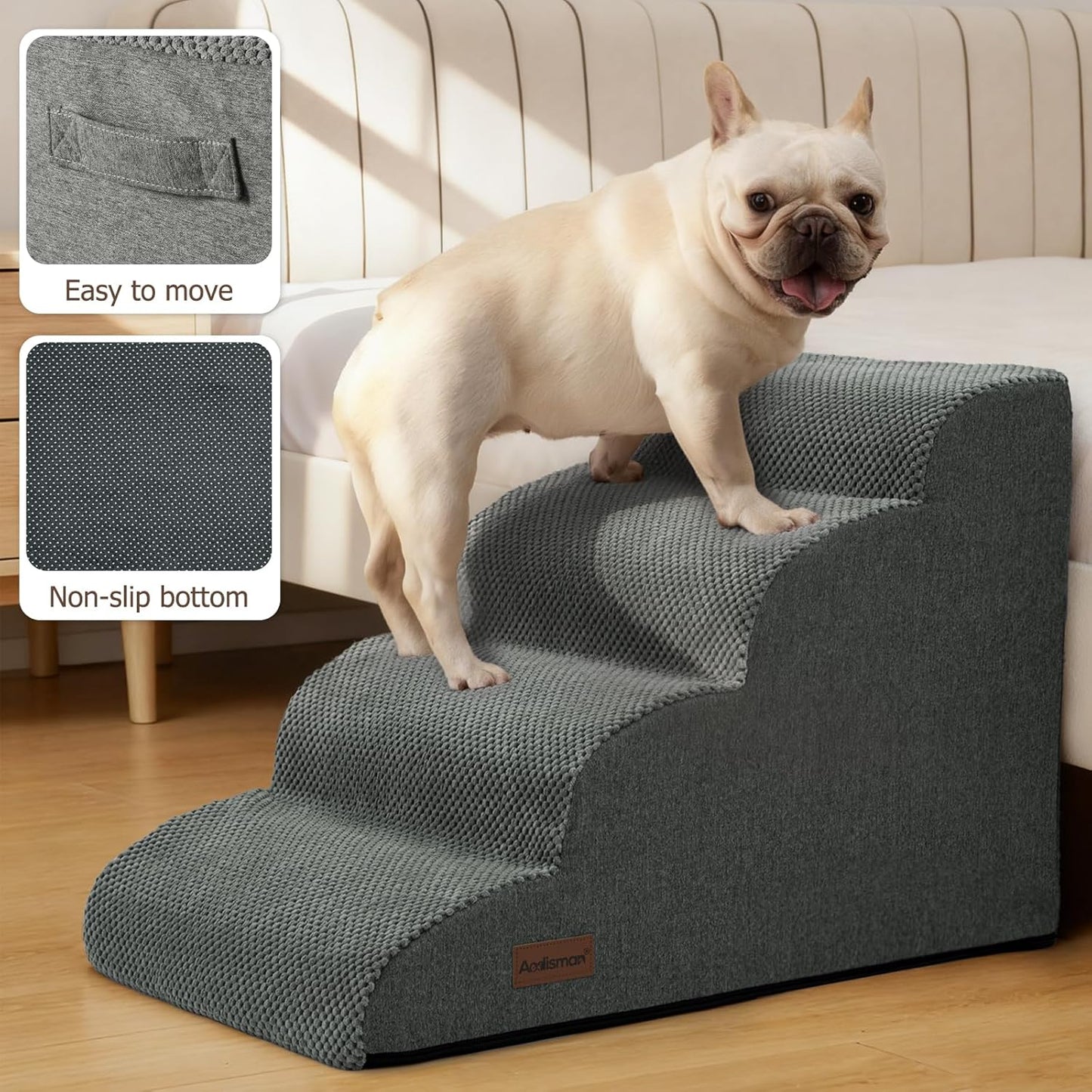 Aodisman Dog Ramp and Stairs for Small Dogs & Cats,3-Step Pet Stairs for Couch Sofa and Chair,Indoor Anti-Slip Dog Stairs for Old Cats and Puppy,Beige