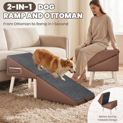 Dog Ramp for Couch and Bed, 17" H Stairs for Small to Medium Dogs and Cats Foldable Steps for Pets to Get on High Bed, Non-Slip Sturdy Ottoman Ramp with Storage Drawer, Brown