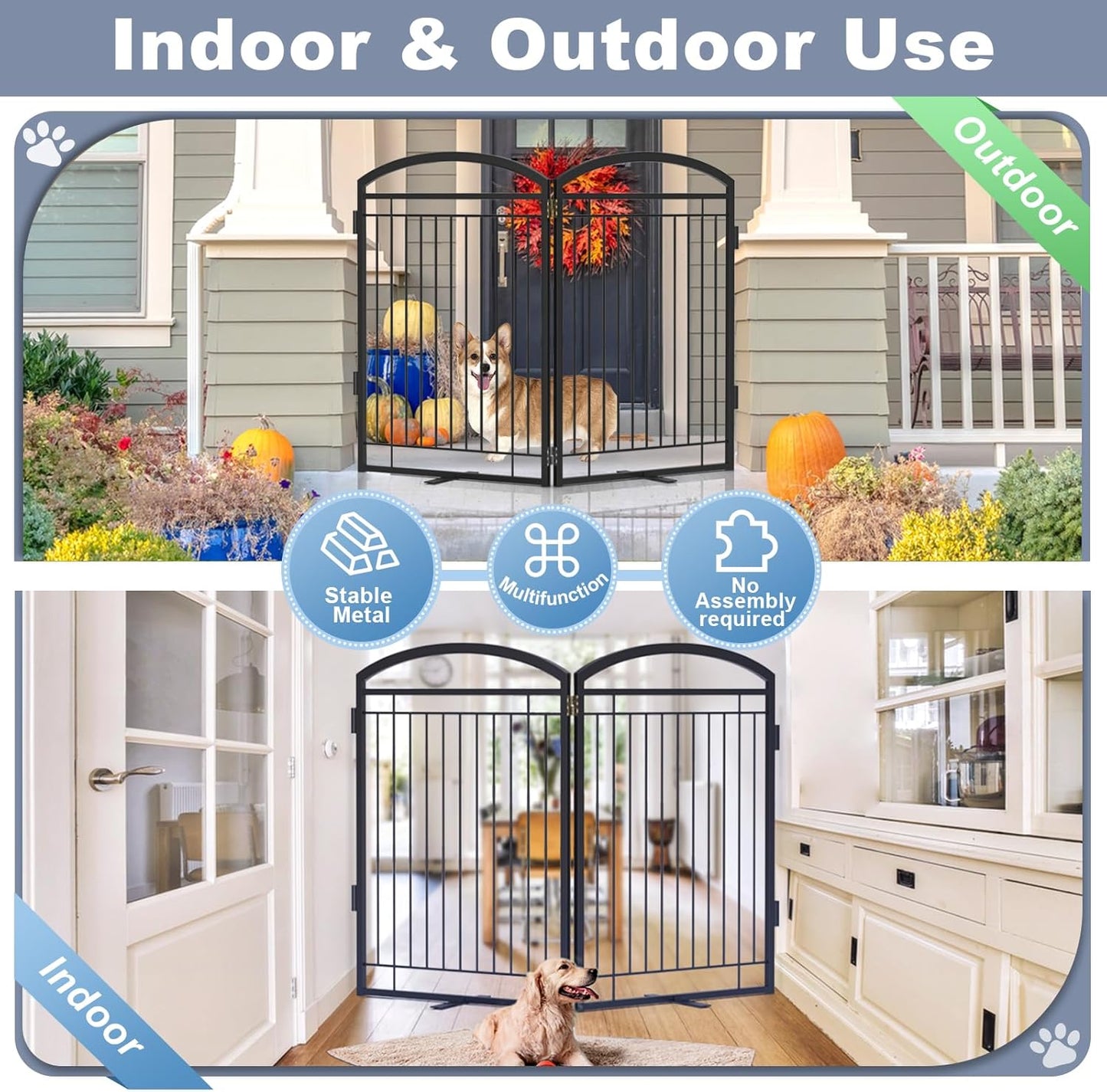 Full Metal Free Standing Dog Gate with Door for Indoor & Outdoor,96'' Extra Wide 32'' Tall Dog Gate for The Doorways,Large Openings,Decks,Porch,Pet Freestanding Safety Fence(4 Panels,Black)