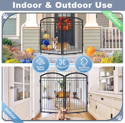 Full Metal Free Standing Dog Gate with Door for Indoor & Outdoor,96'' Extra Wide 32'' Tall Dog Gate for The Doorways,Large Openings,Decks,Porch,Pet Freestanding Safety Fence(4 Panels,Black)
