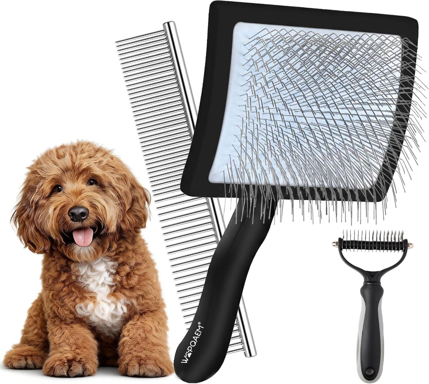 Slicker Brush for Doodles and Poodles - 2-Piece Solid Wood Dog Grooming Set with Extra Long Pin Dematting Tool and Metal Comb for Curly, Matted & Thick Hair, Purple