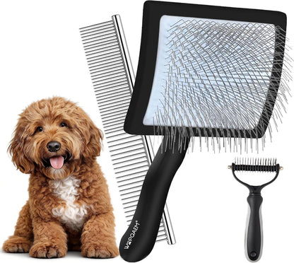 Slicker Brush for Doodles and Poodles - 2-Piece Solid Wood Dog Grooming Set with Extra Long Pin Dematting Tool and Metal Comb for Curly, Matted & Thick Hair, Purple