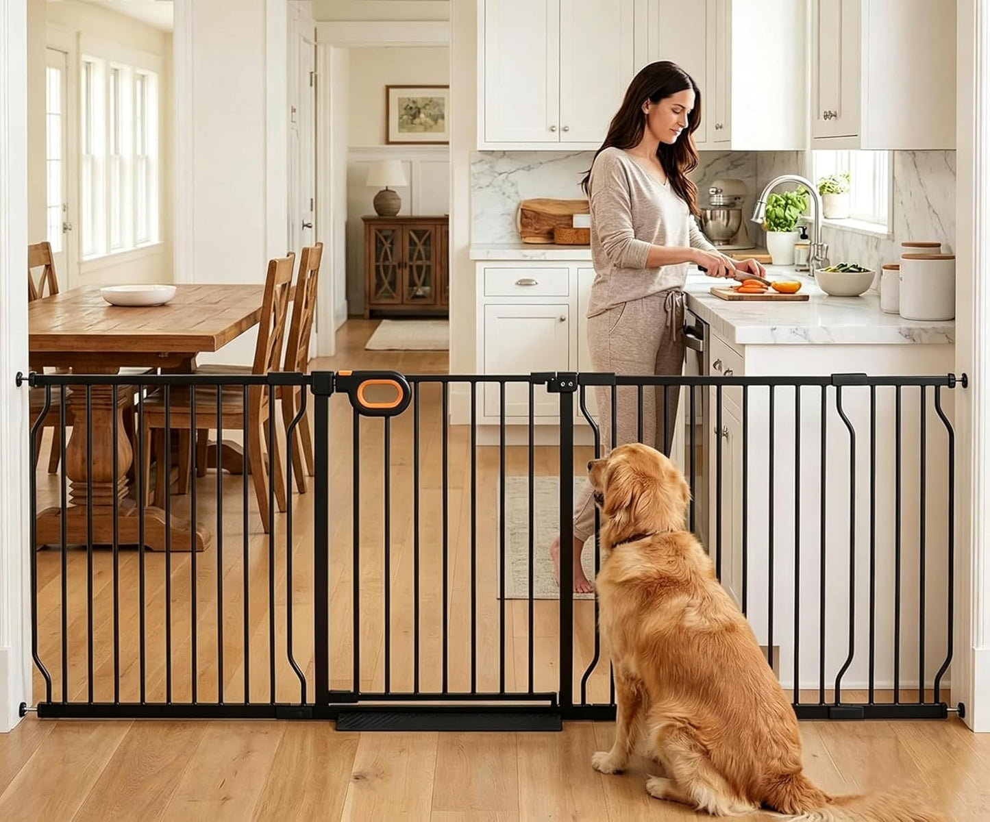 Baby Gates Extra Wide for Large Opennings with Door Pressure Mounted 90.6-95.2 Inch Extra Wide Baby Gate Dog gate for Doorways Indoor Metal Gate No Drilling with Walk-Through Door,White
