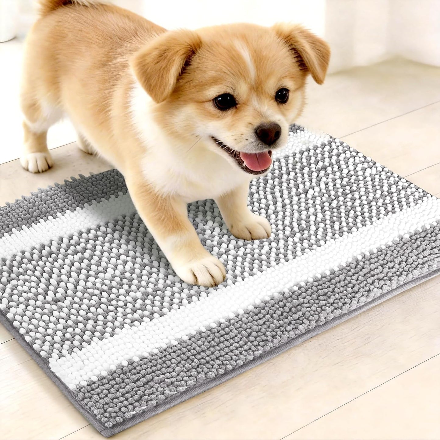 pobopobo Dog Door Mat for Muddy Paws - Absorbent & Washable Chenille Rug, Non-Slip Dirt Trapper for Indoor Outdoor Entryway, Quick Dry Pet Mat for Muddy Dogs (Striped Gray-Blue&White, 24" x 16")