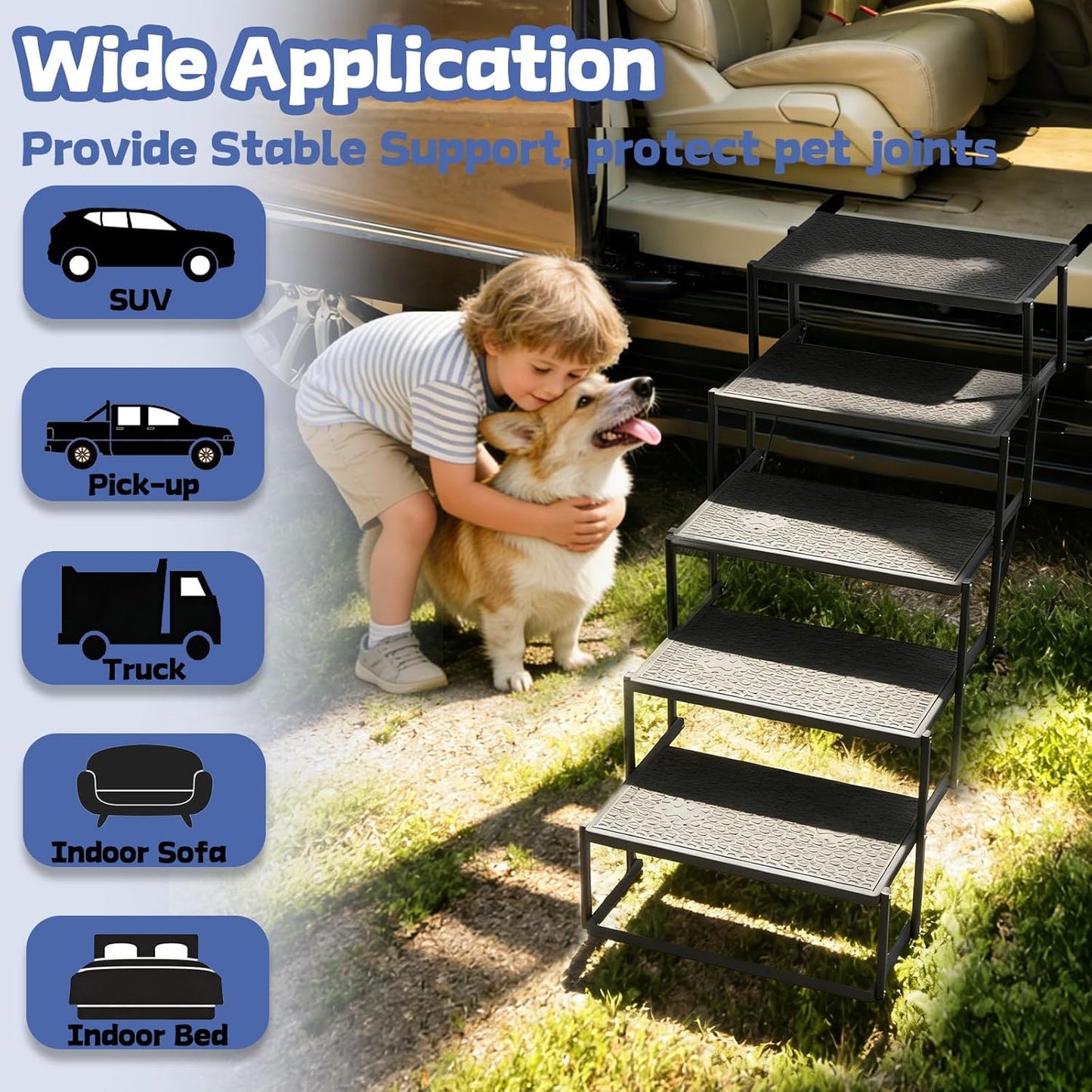 Dog Steps for Car, Truck, SUV, Dog Stairs for Car with Upgraded Non-Slip Surface, Foldable Dog Ramp for Car, Pet Stairs for Large Dogs, 4 Steps