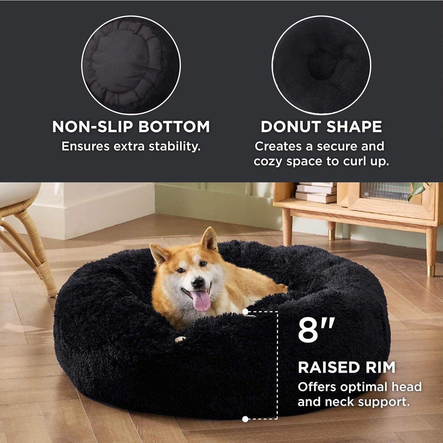 Bedsure Calming Dog Bed Medium Size Dog - Donut Washable Medium Pet Bed, 30 inches Anti-Slip Round Fluffy Plush Faux Fur Cat Bed, Fits up to 45 lbs Pets, Camel