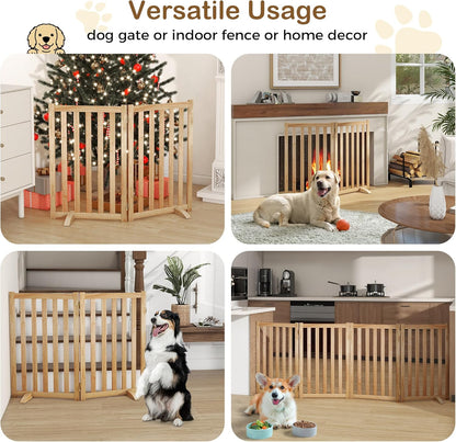 36" Height Extra Tall Freestanding Pet Gate, Solid Wood Folding Safety Fence Wooden Dog Gate with 2 PCs Support Feet Ideal for Stairs, Doorways, Halls, Kitchens, Heavy Duty Gates, 3 Panels, Oak