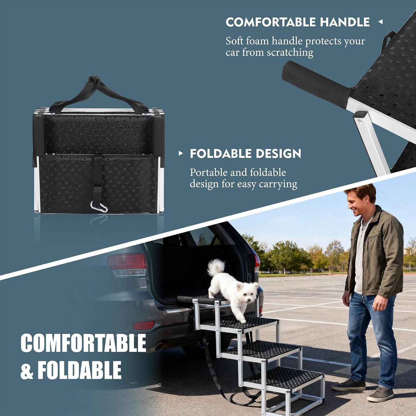 Foldable Dog Stairs for Cars, 4 Steps Wide Dog Ramp for Large Dogs with Non-Slip Surface, Lightweight Aluminum Foldable Steps for High Beds, Cars, SUVs, Trucks, Supports up to 250 lbs