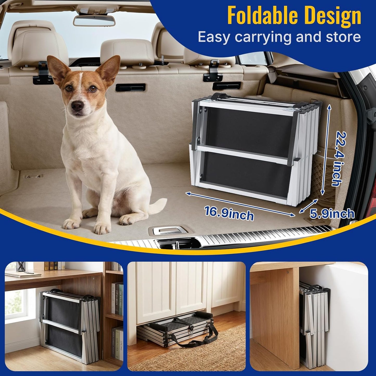 Foldable Dog Ramp for Car - Lightweight Aluminum Dog Stairs for Large Dogs, 5-Step Dogs Ladder for SUV/Truck/Indoor Bed and Sofas, Portable Pet Steps with 154 lbs Capacity