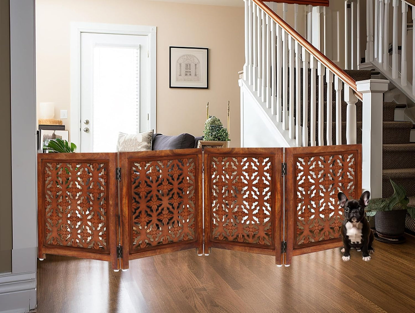 Croft&Cane Wooden Foldable Pet Dog Safety Gate – 3 Panel Freestanding Indoor Pet Fence (20 inches W x 24 inches H) – Hand-Carved Solid Wood & MDF – Fully Assembled - Antique Brown