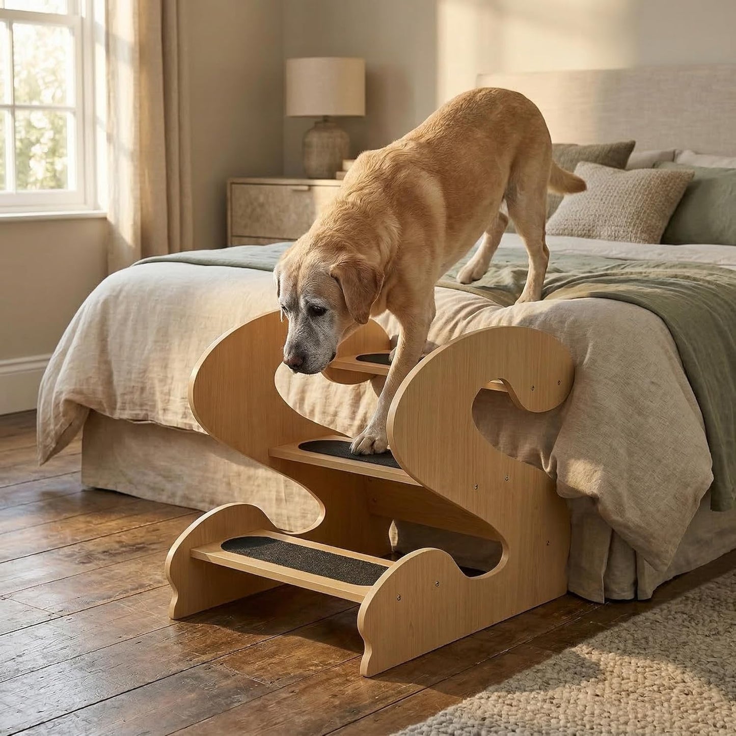 Wooden Dog Stairs Steps for Bed,3Steps,Small or Senior Dogs for Pet LUNDERLAND Design,16¾"Wx23¼Dx19⅜H RedWalnutWood GrainPattern