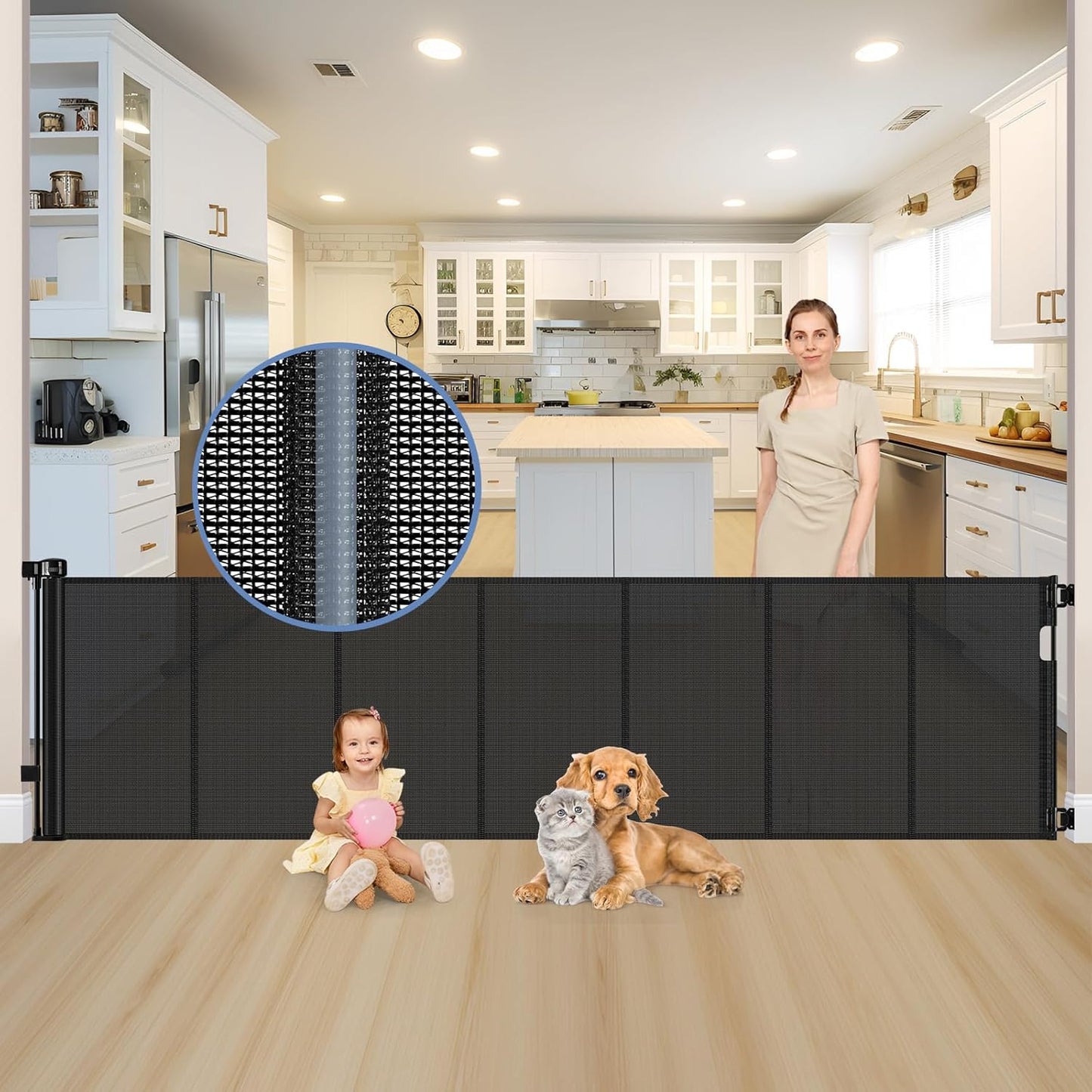 Reinforced 90 Inch Retractable Baby Gates Extra Wide Baby Gate with Reinforced Strips, 7.5ft Long Retractable Dog Gate for The House 33 Inch Tall Extra Long Pet Gates for Wide Openings, Black