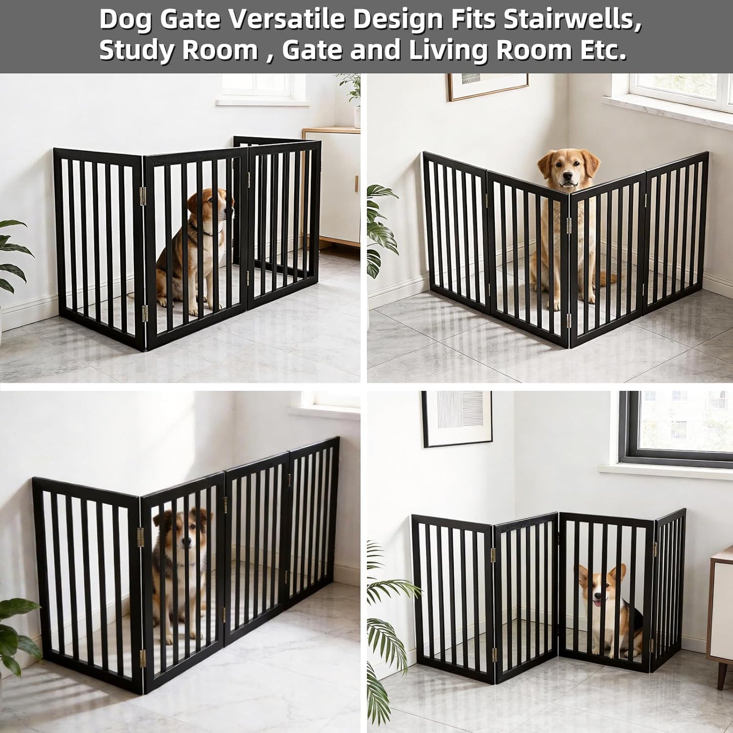 Dog Gate Indoor, Freestanding Dog Fence for The House, Doorways, Hallways,or Stairs,Pet Gate Foldable Wooden,Expandable 24" Height 3 Panels,White