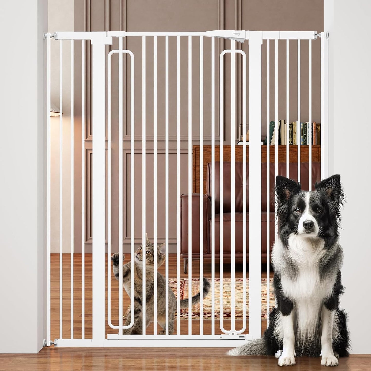 keny 29.7"-46" Baby Gate for Stairs, Auto Close Dog Gates for Doorways, Pressured Mounted No Drilling Pet Gate Extra Wide, One-Hand Opening Dual Lock Stair Gate, Indoor Kids Necessities, Black