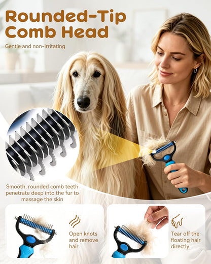 Tool, 2-In-1 Double-Sided Grooming Tool, Deshedding Dog Brush, Pet Shedding Remover Rounded-Tooth Comb For Painlessly Removing Knots And Loose Hair (Blue-Large)