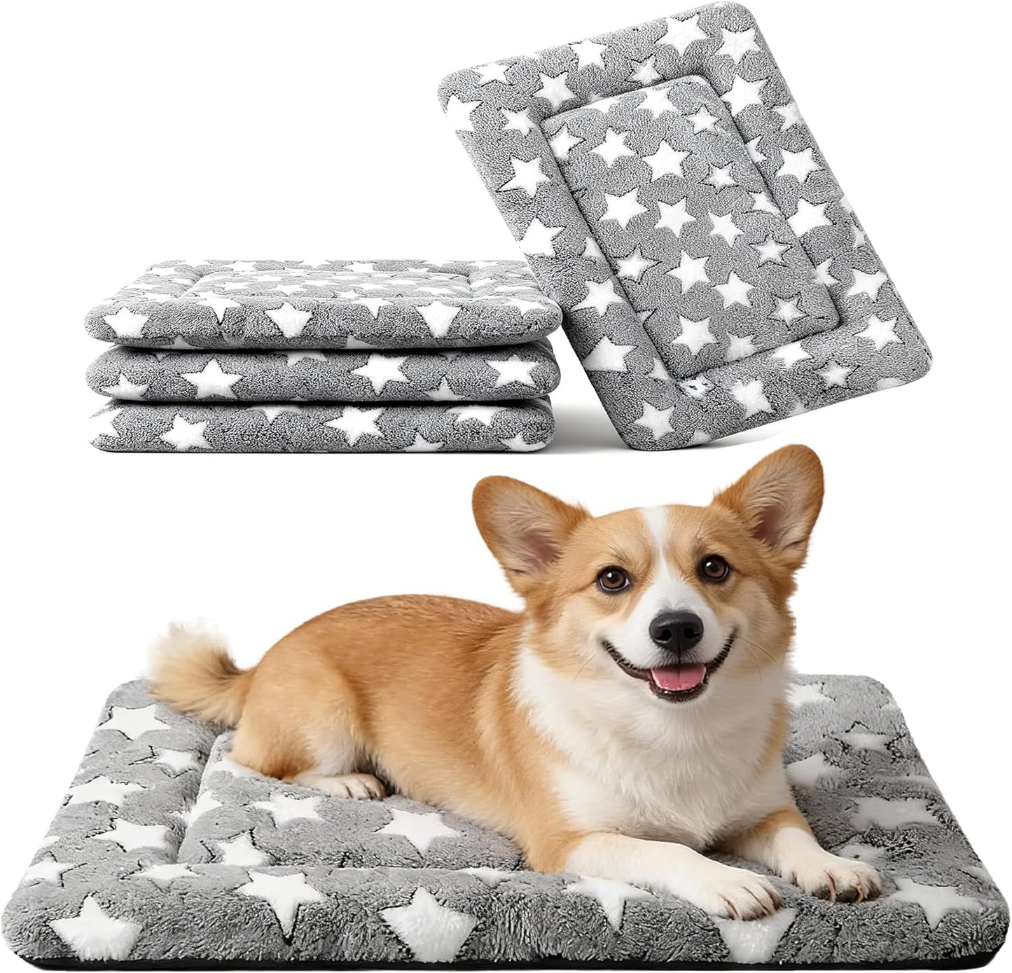 Dog Bed Mat, Reversible Crate Pad & Cute Dog Bed - Machine Washable Kennel Mat with Ultra Soft for Small Dogs (Cool/Warm), 24" x 18", Grey&Star