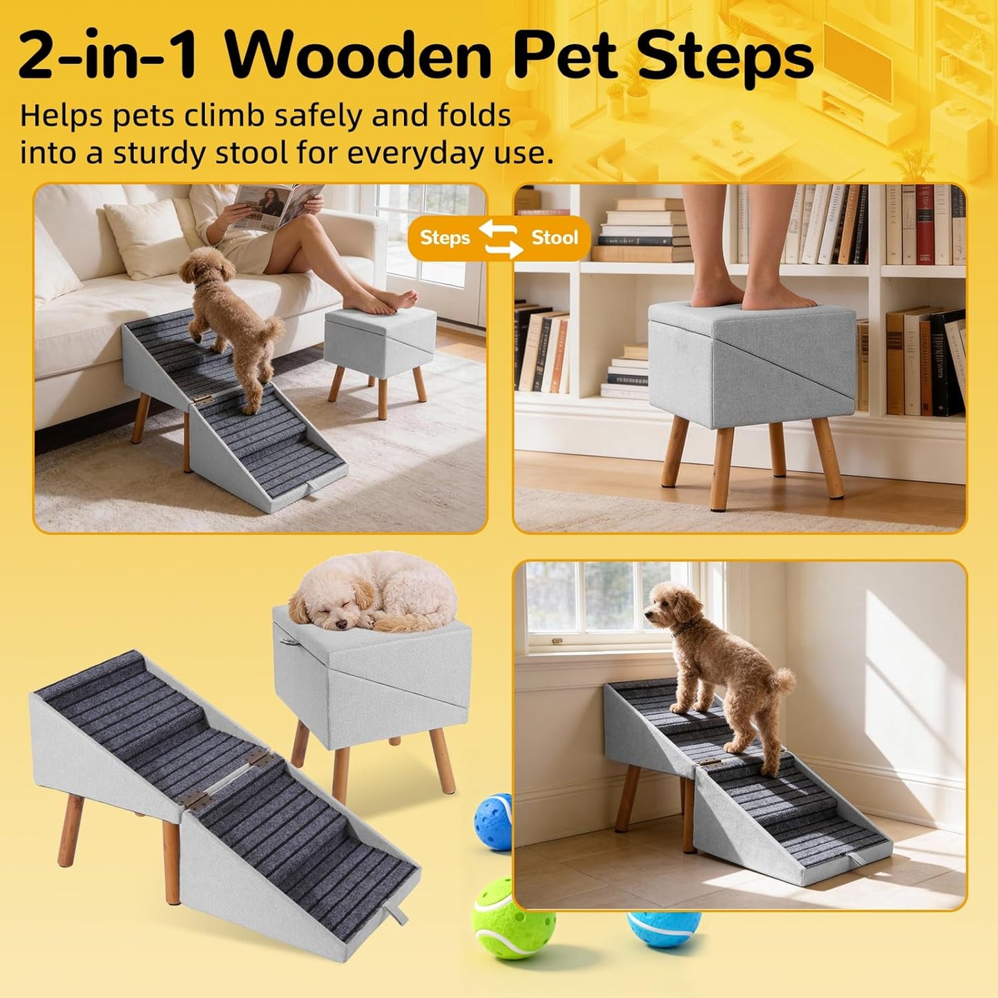 17.13" H Dog Stairs for Small Dogs, 2-in-1 Pet Steps & Ottoman - Foldable Dog Stairs for Couch, Non-Slip Wooden Pet Stairs for Puppy Senior Injured Dogs